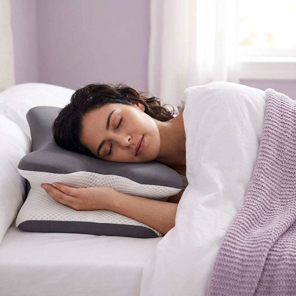 Mujer durmiendo de lado sobre la almohada cervical Belina